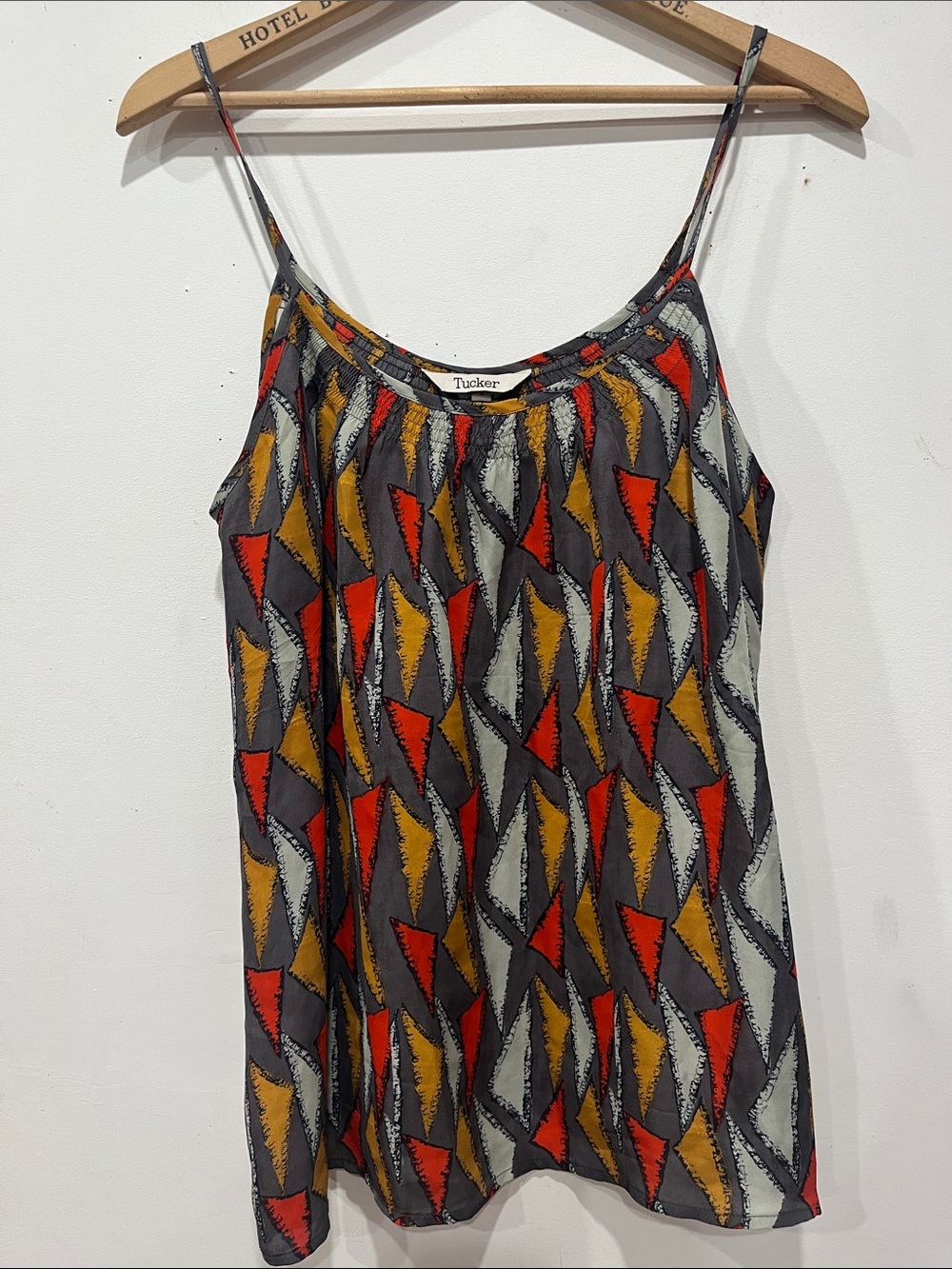 Tucker Silk Geometric Spaghetti-Strap Camisole in Red Mustard & Gray Oversized S